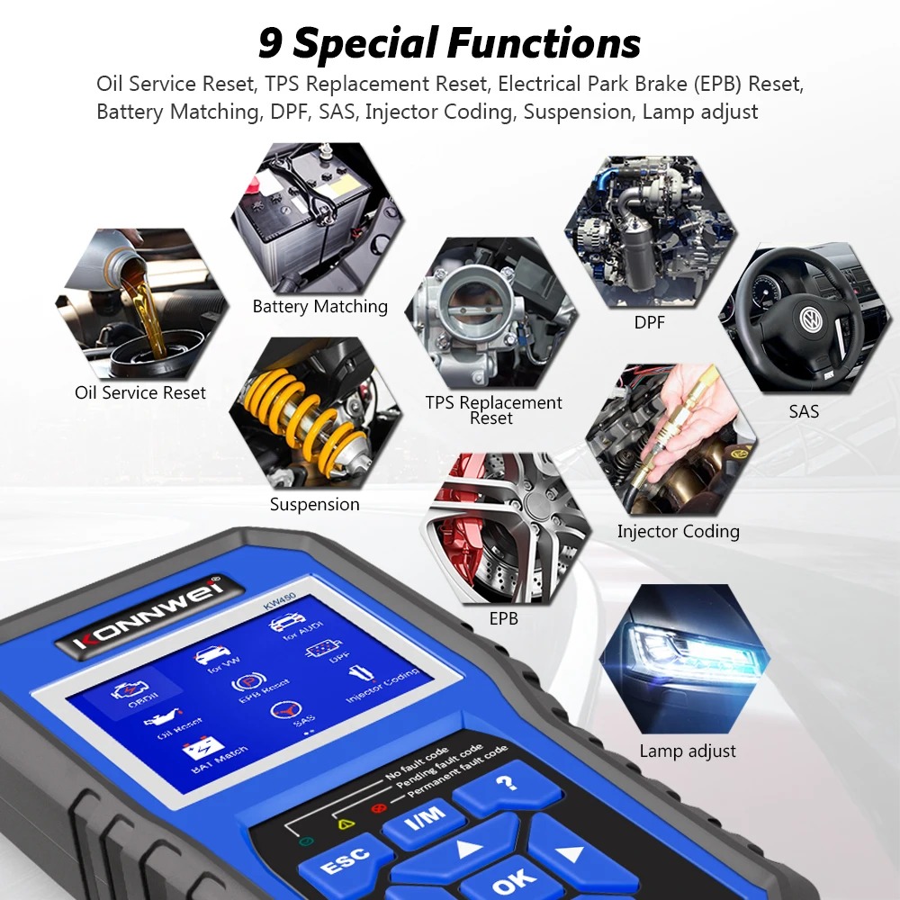KONNWEI KW450 All Systems Car  - огляд і ціна Obd2 Scanner Abs Srs Airbag Reset